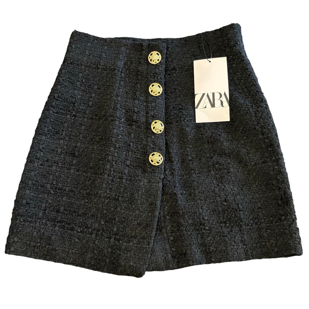 Zara Black Tweed Mini Skirt Women’s Size XS Gold Buttons Office Preppy